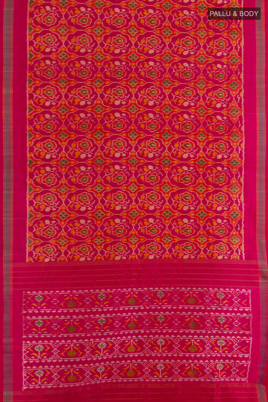 Flat view of Pink Pochampally Silk Saree with Pure Ikat on the body and Plain Border. 