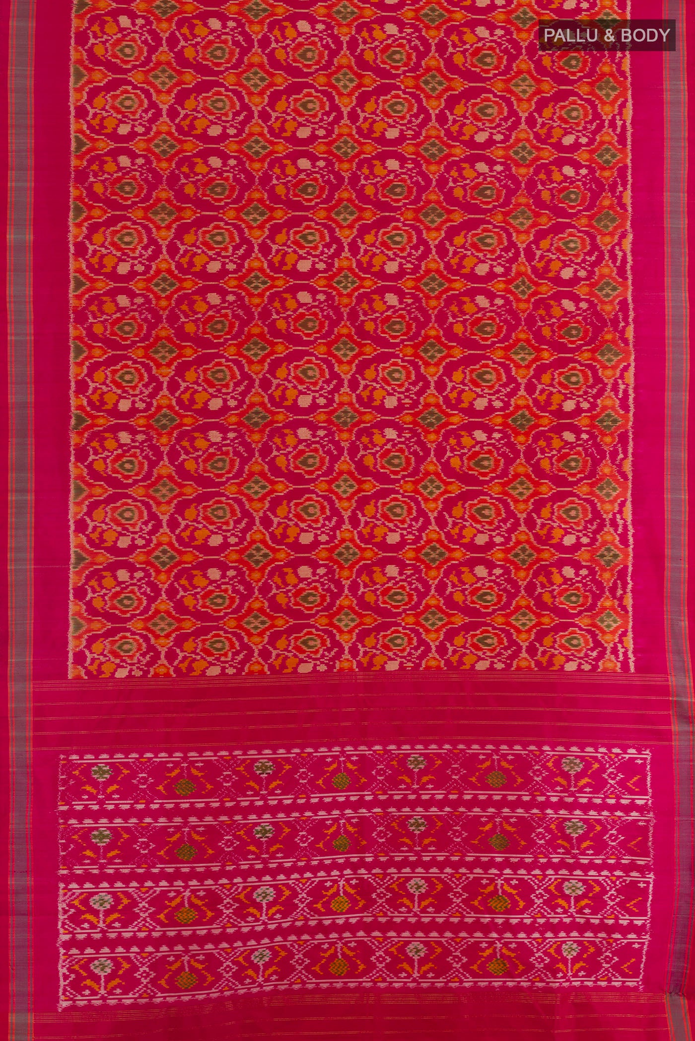 Flat view of Pink Pochampally Silk Saree with Pure Ikat on the body and Plain Border. 