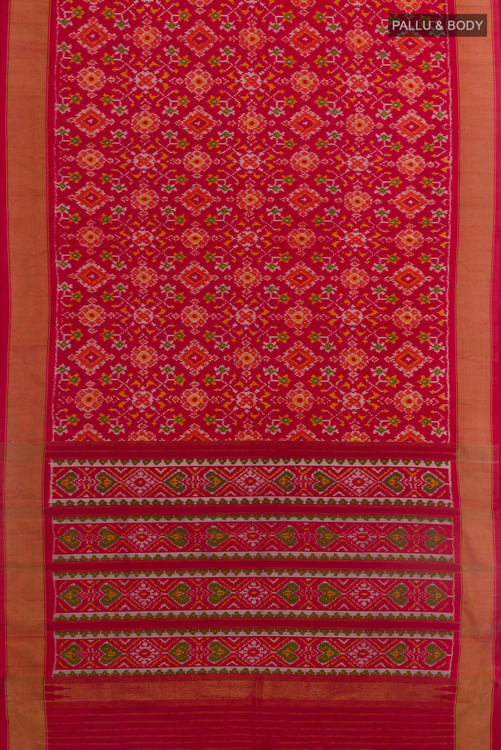 Flat view of Red Pochampally Silk Saree with Ikat design on the body and Zari Border. 