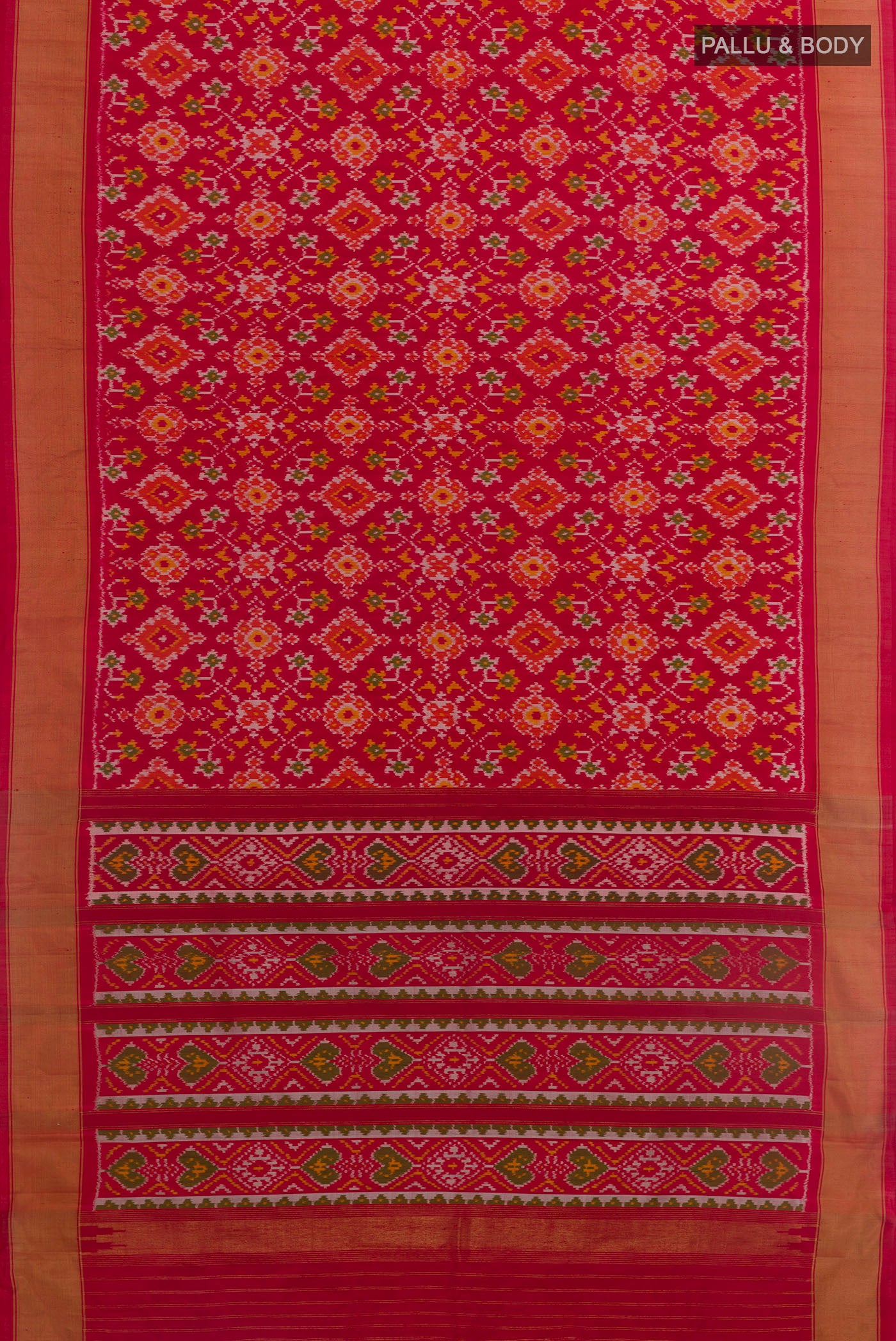 Flat view of Red Pochampally Silk Saree with Ikat design on the body and Zari Border. 