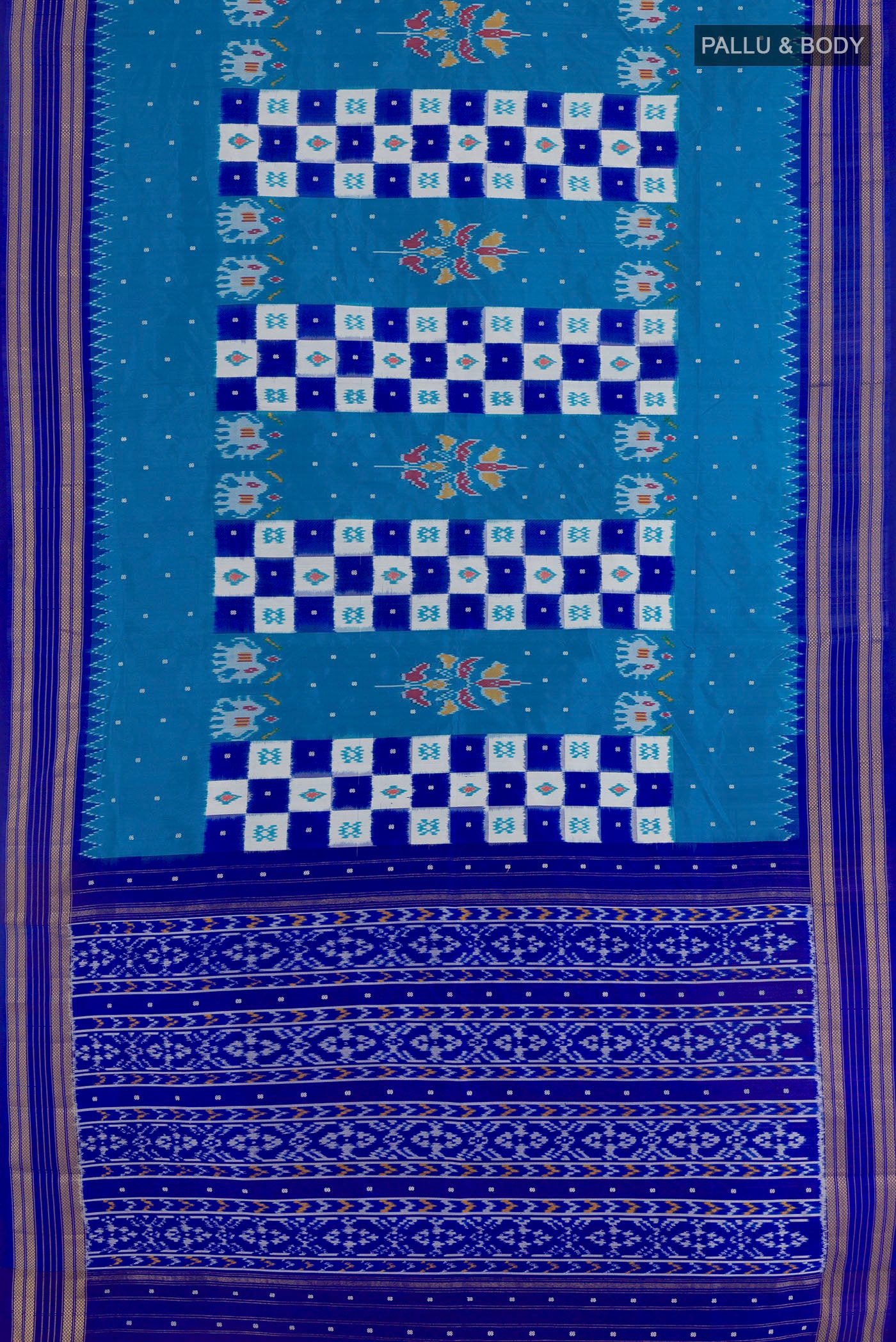 Flat view of Blue Pochampally Silk Saree with Pure Ikat on the body and Zari Border. 