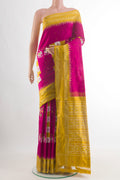 Pink Pochampally Silk Saree with Pure Ikat on the body and Zari Border.  displayed on a mannequin