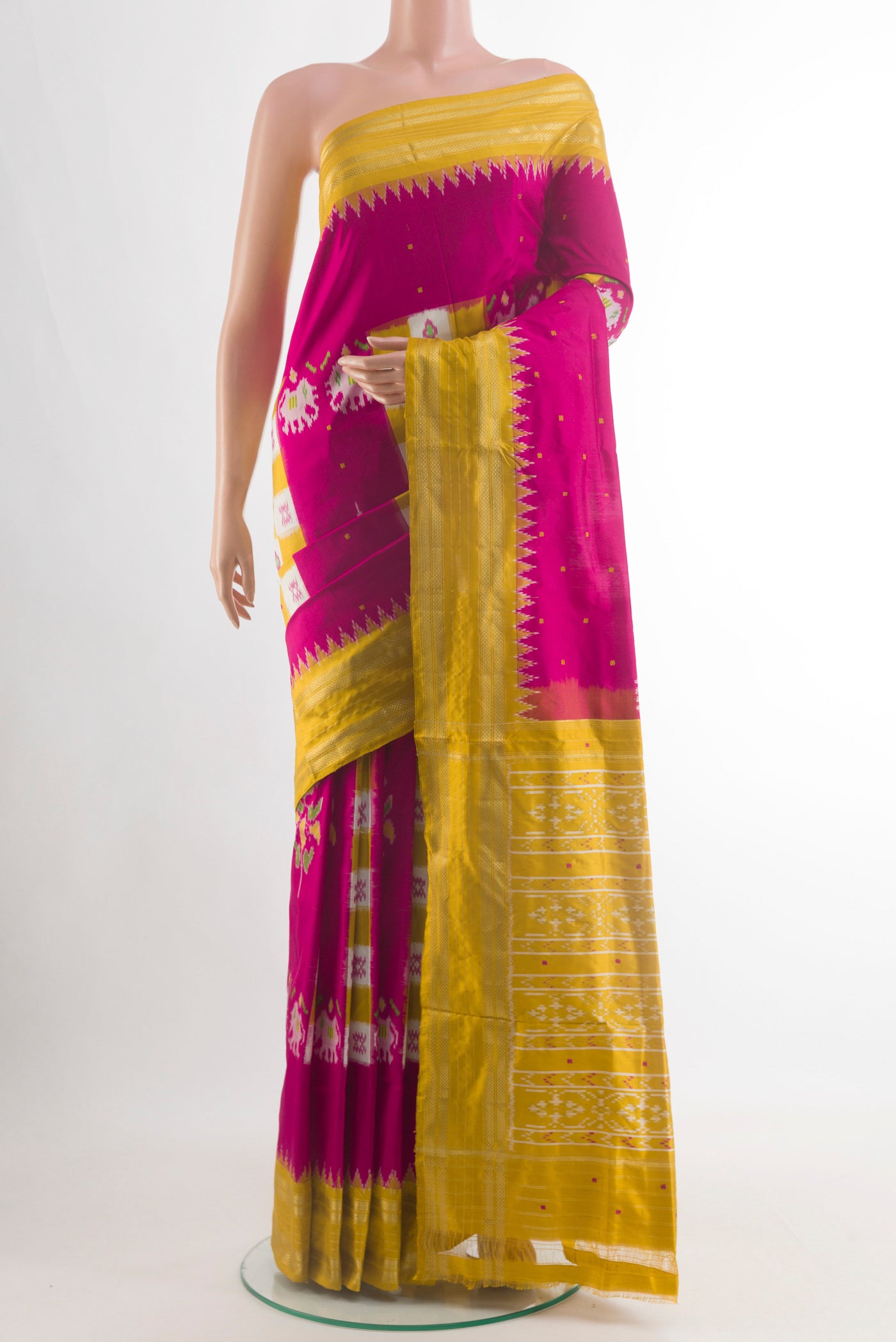 Pink Pochampally Silk Saree with Pure Ikat on the body and Zari Border.  displayed on a mannequin