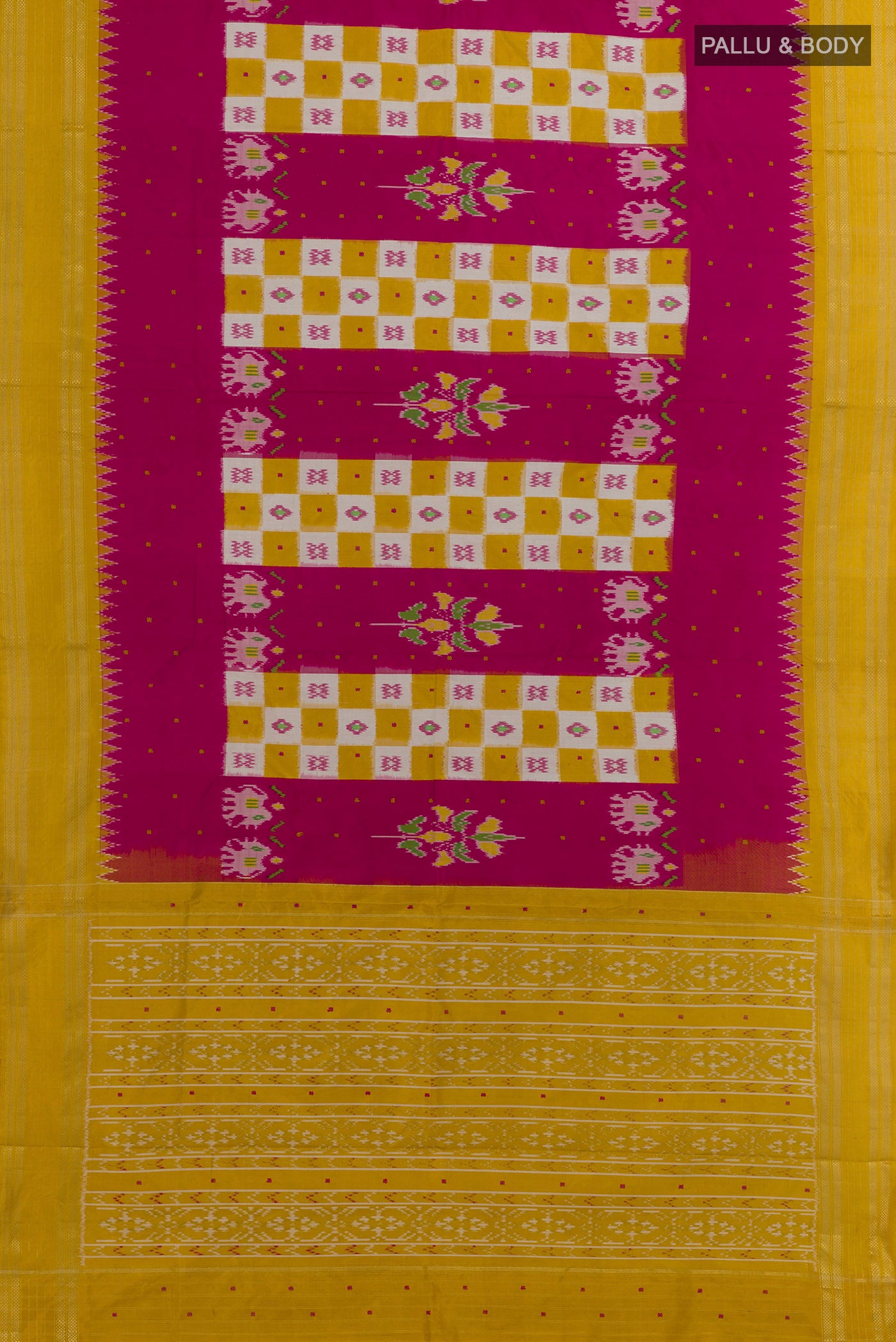 Flat view of Pink Pochampally Silk Saree with Pure Ikat on the body and Zari Border. 