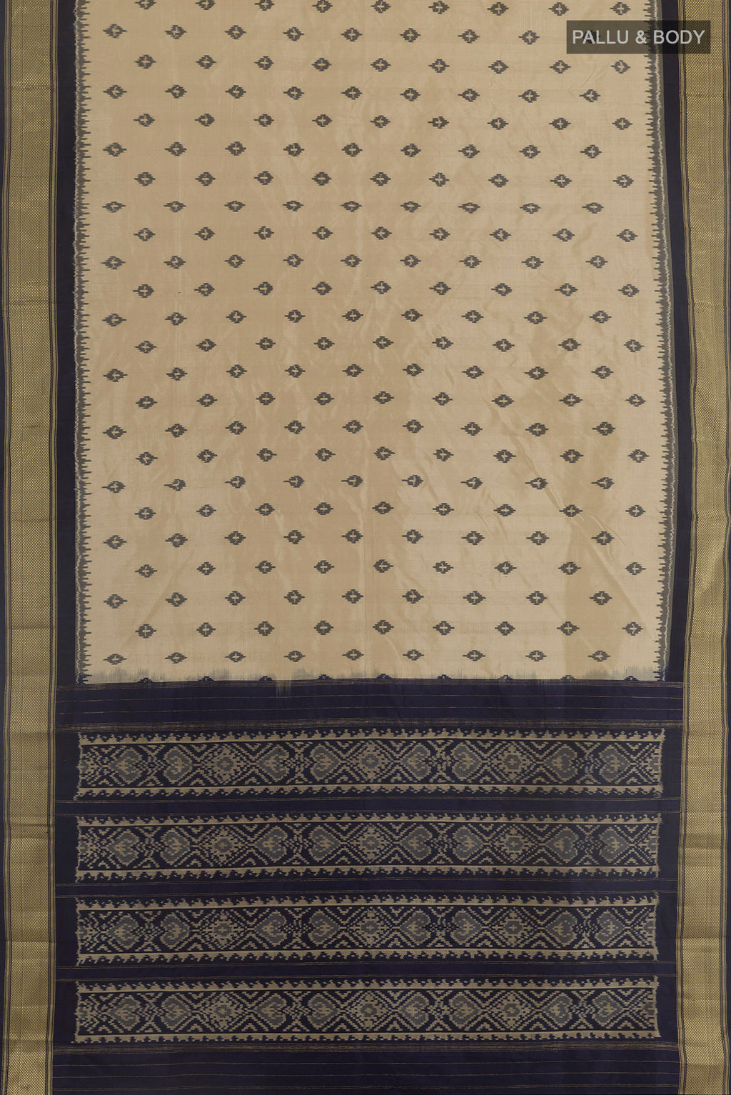 Flat view of Beige Pochampally Silk Saree with Pure Ikat on the body and Zari Border. 
