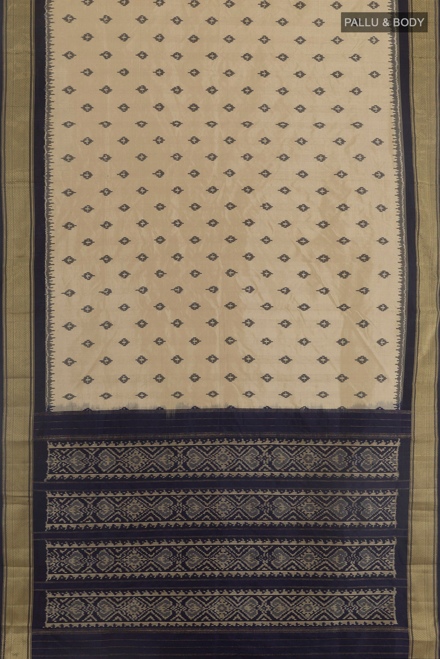 Flat view of Beige Pochampally Silk Saree with Pure Ikat on the body and Zari Border. 