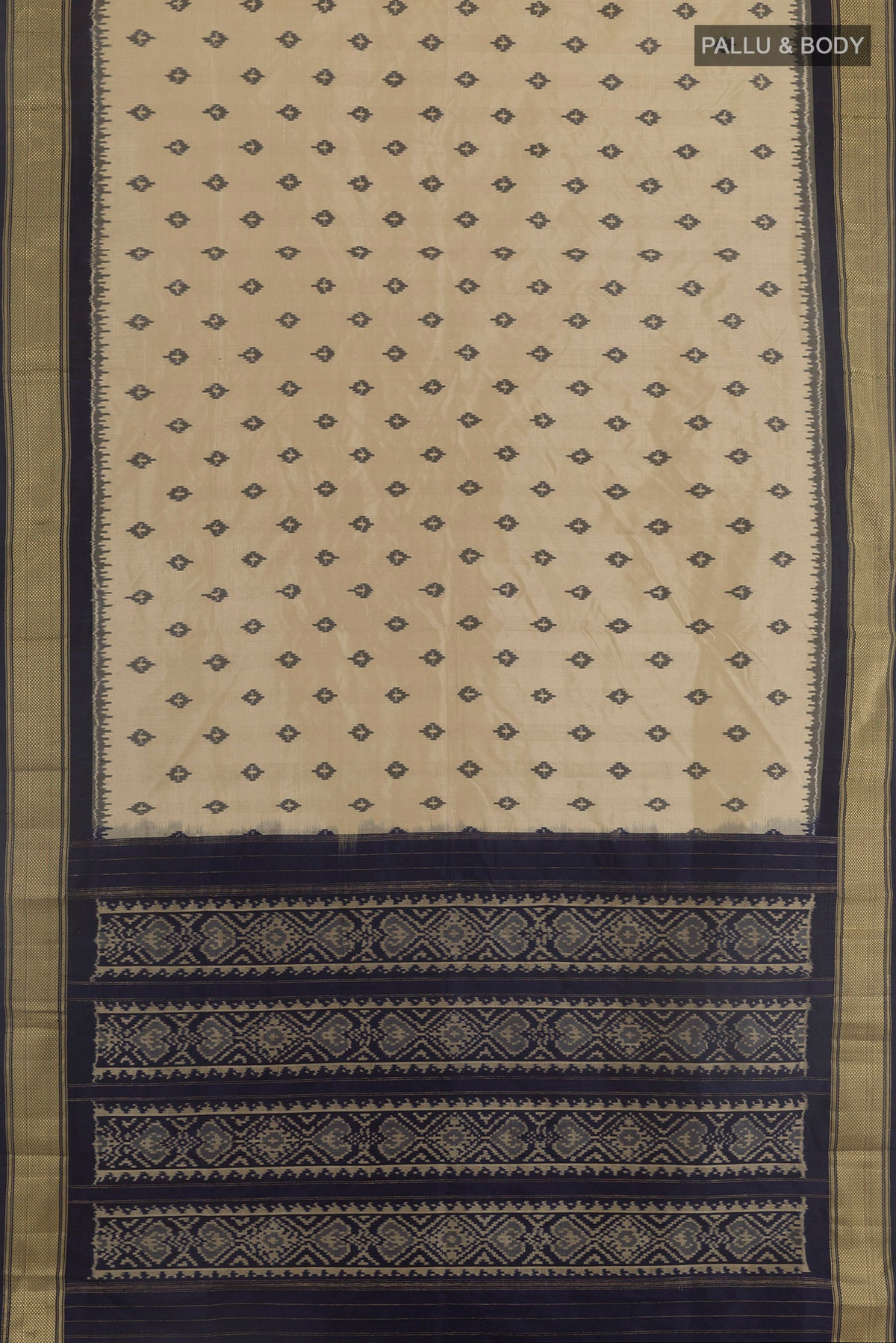 Flat view of Beige Pochampally Silk Saree with Pure Ikat on the body and Zari Border. 