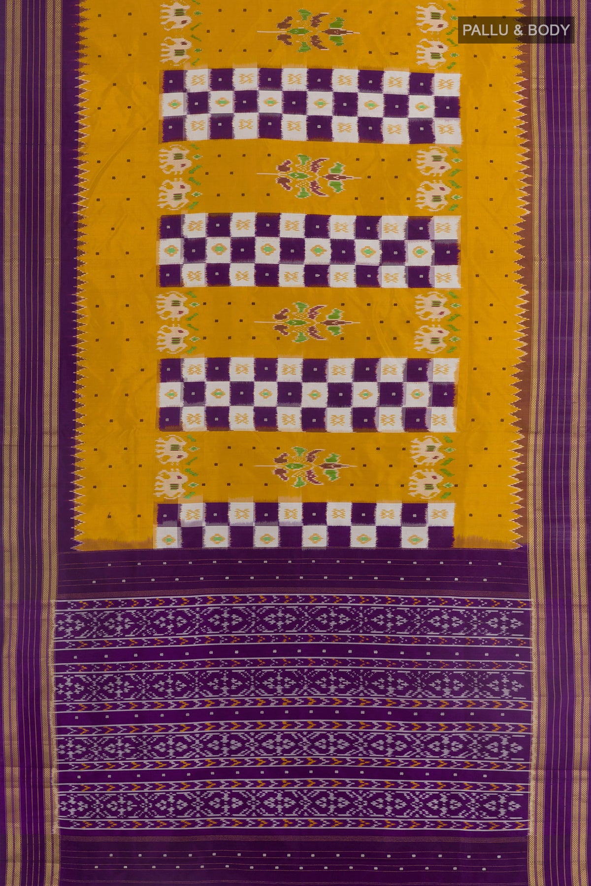 Flat view of Yellow Pochampally Silk Saree with Pure Ikat on the body and Zari Border. 