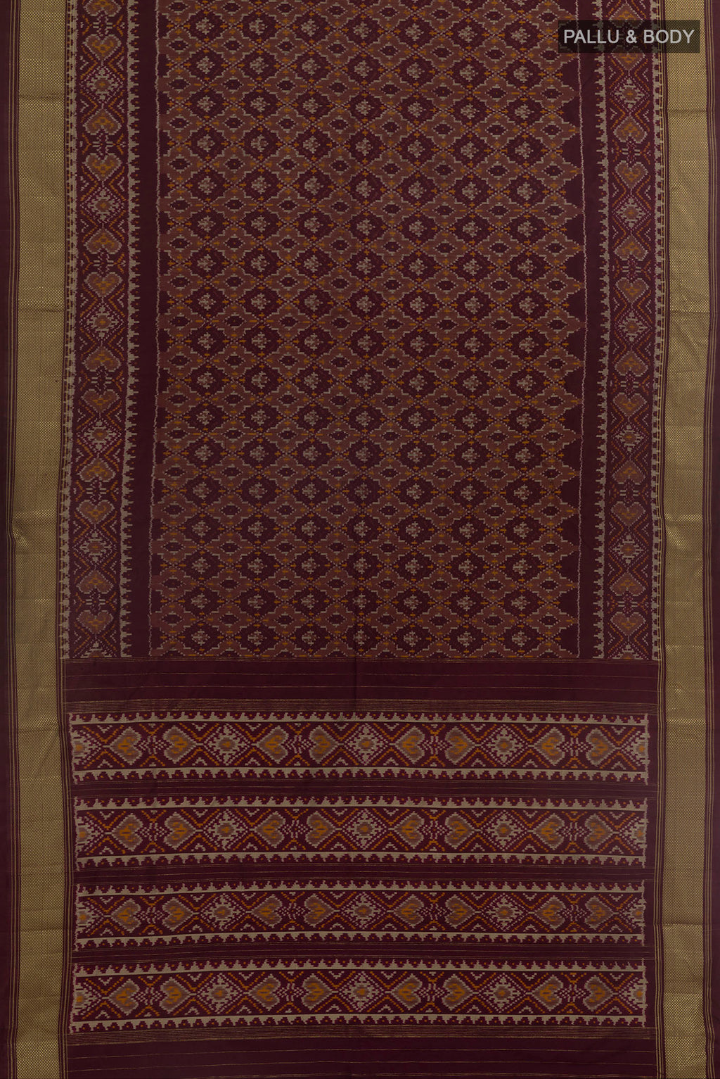 Flat view of Coffee Brown Pochampally Silk Saree with Ikat design on the body and Zari Border. 