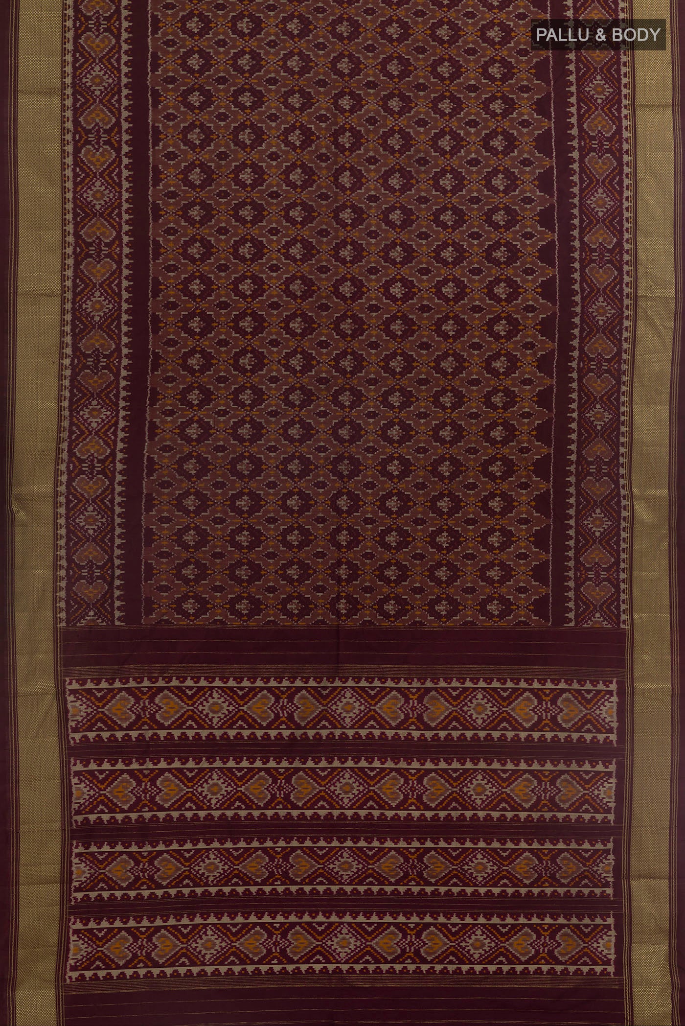 Flat view of Coffee Brown Pochampally Silk Saree with Ikat design on the body and Zari Border. 
