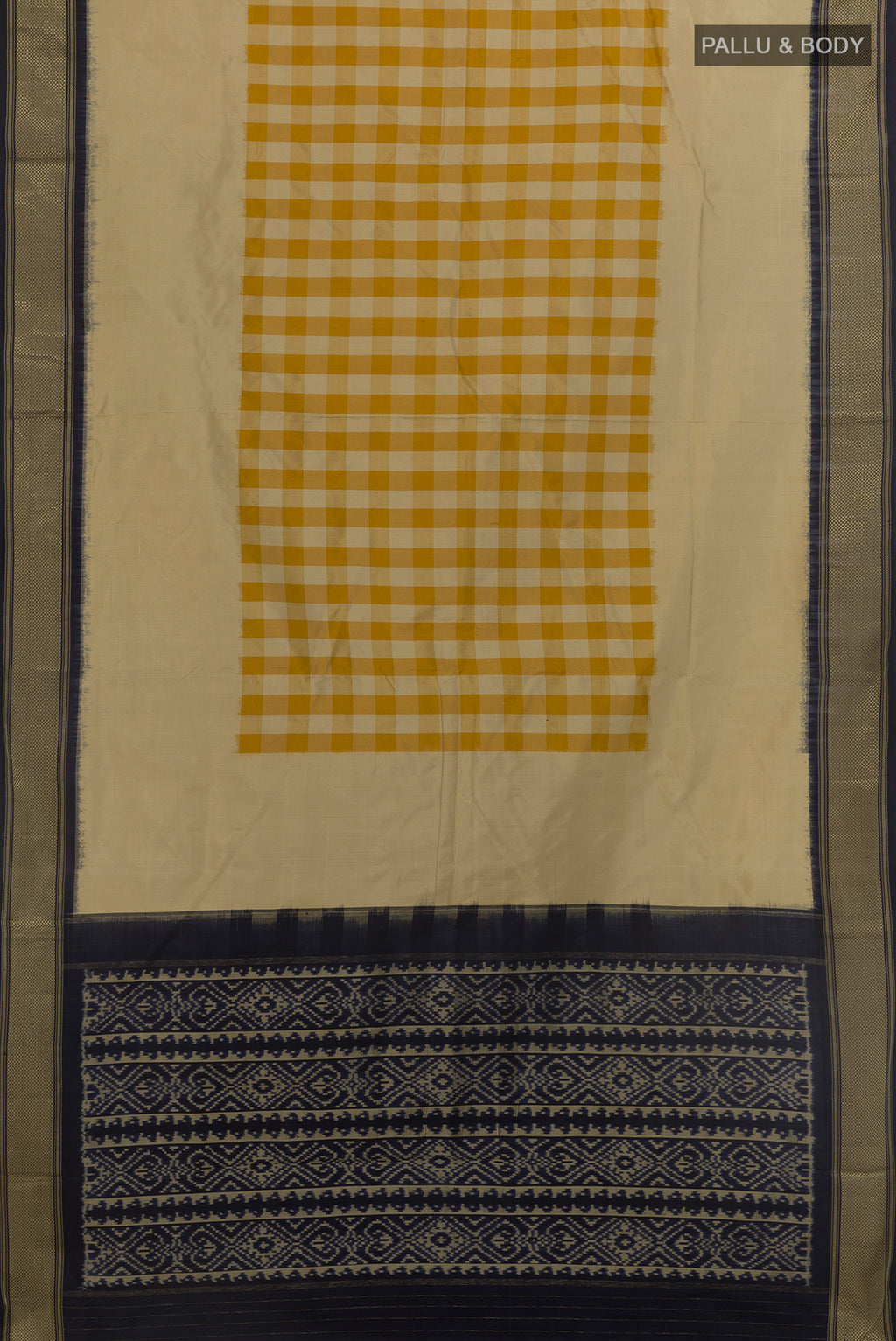 Flat view of Beige Pochampally Silk Saree with Checked design on the body and Zari Border. 