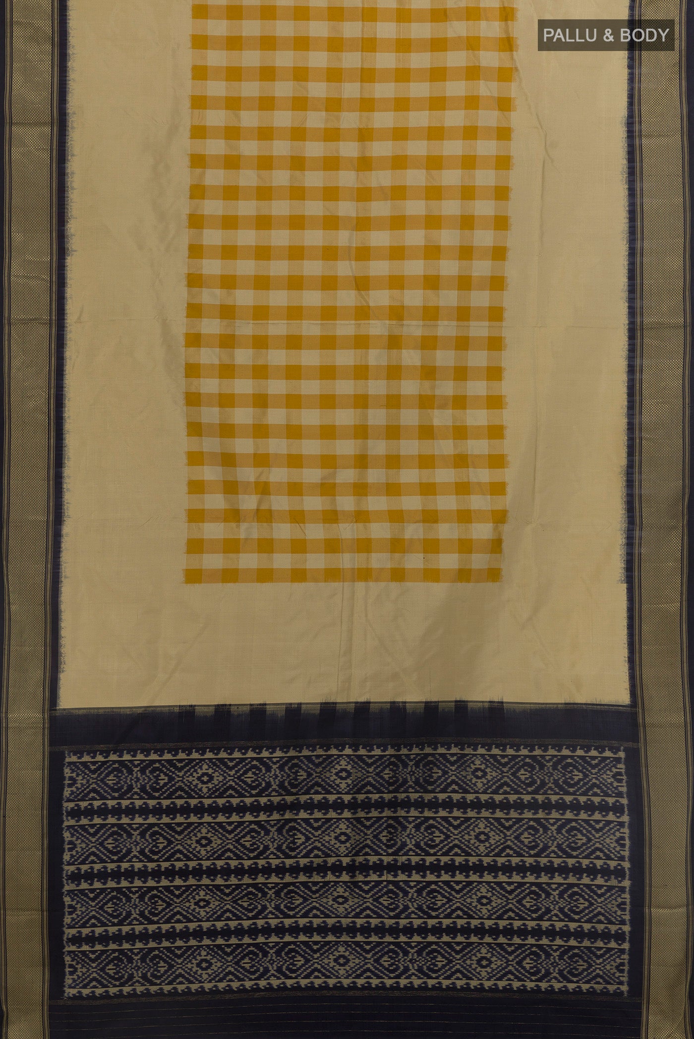 Flat view of Beige Pochampally Silk Saree with Checked design on the body and Zari Border. 