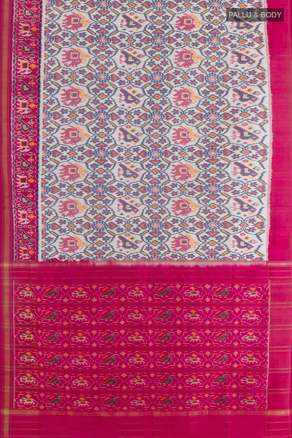 Flat view of Off White Pochampally Silk Saree with Pure Ikat on the body and Zari Border. 