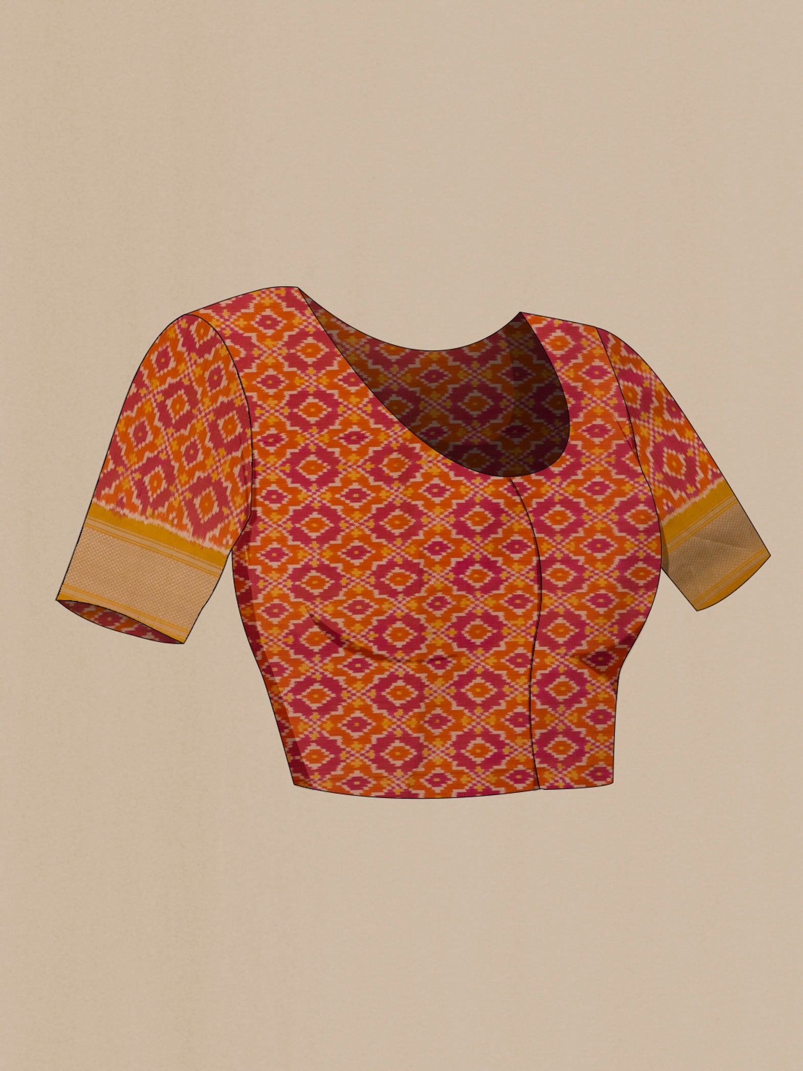 Close up image of the blouse of Mustard Pochampally Silk Saree with Ikat design on the body and Zari Border. 