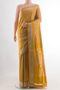 Mustard Pochampally Silk Saree with Ikat design on the body and Zari Border.  displayed on a mannequin