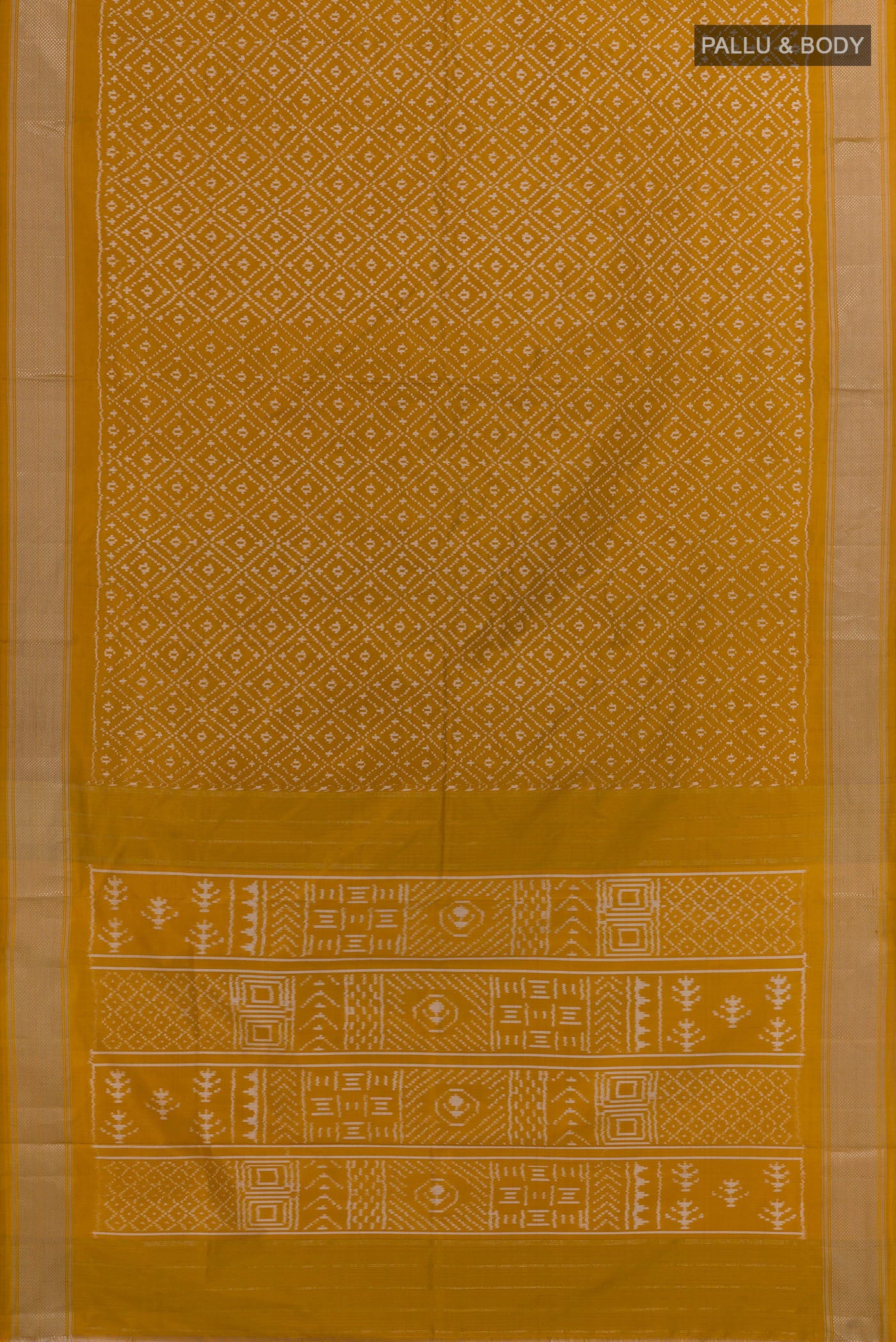 Flat view of Mustard Pochampally Silk Saree with Ikat design on the body and Zari Border. 