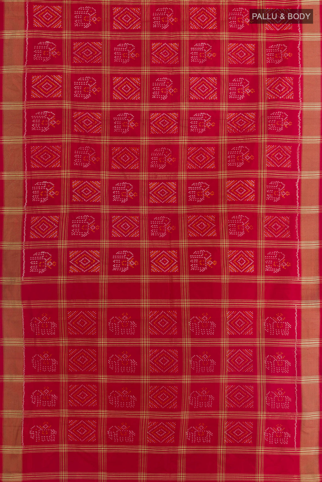 Flat view of Red Pochampally Silk Saree with Ikat design on the body and Zari Border. 