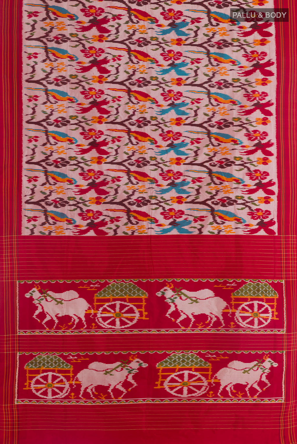Flat view of Rose Gold Pochampally Silk Saree with Pure Ikat on the body and Ikat Border. 