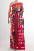 Multi Color Pochampally Silk Saree with Pure Ikat on the body and Plain Border.  displayed on a mannequin