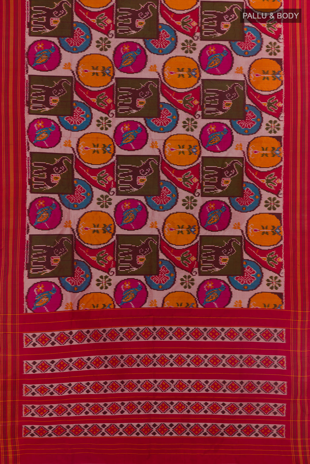 Flat view of Multi Color Pochampally Silk Saree with Pure Ikat on the body and Plain Border. 