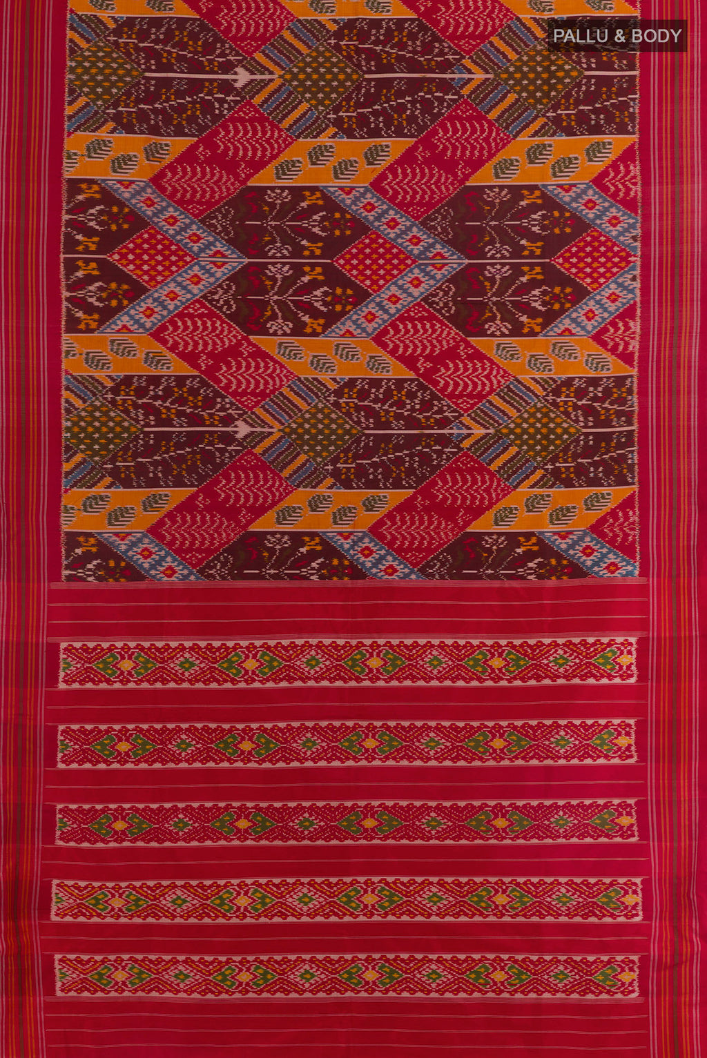 Flat view of Maroon Pochampally Silk Saree with Pure Ikat on the body and Plain Border. 
