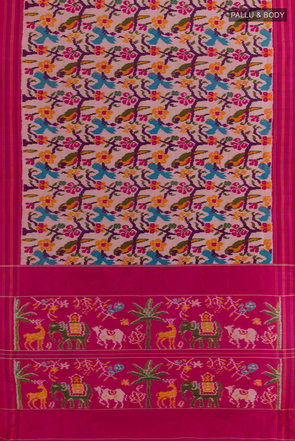 Flat view of Off White Pochampally Silk Saree with Ikat design on the body and Plain Border. 