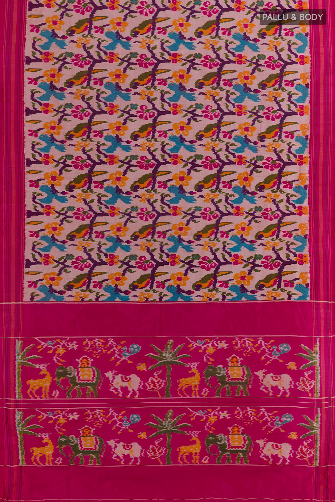 Flat view of Off White Pochampally Silk Saree with Ikat design on the body and Plain Border. 