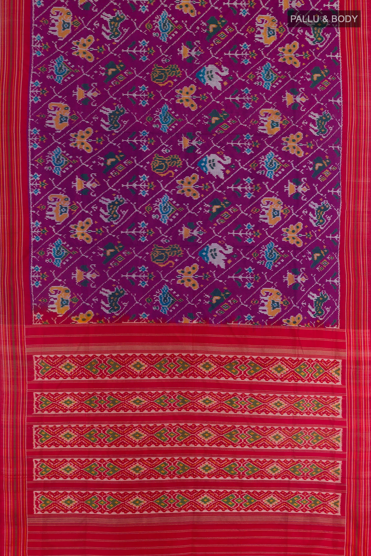 Flat view of Purple Pochampally Silk Saree with Pure Ikat on the body and Plain Border. 