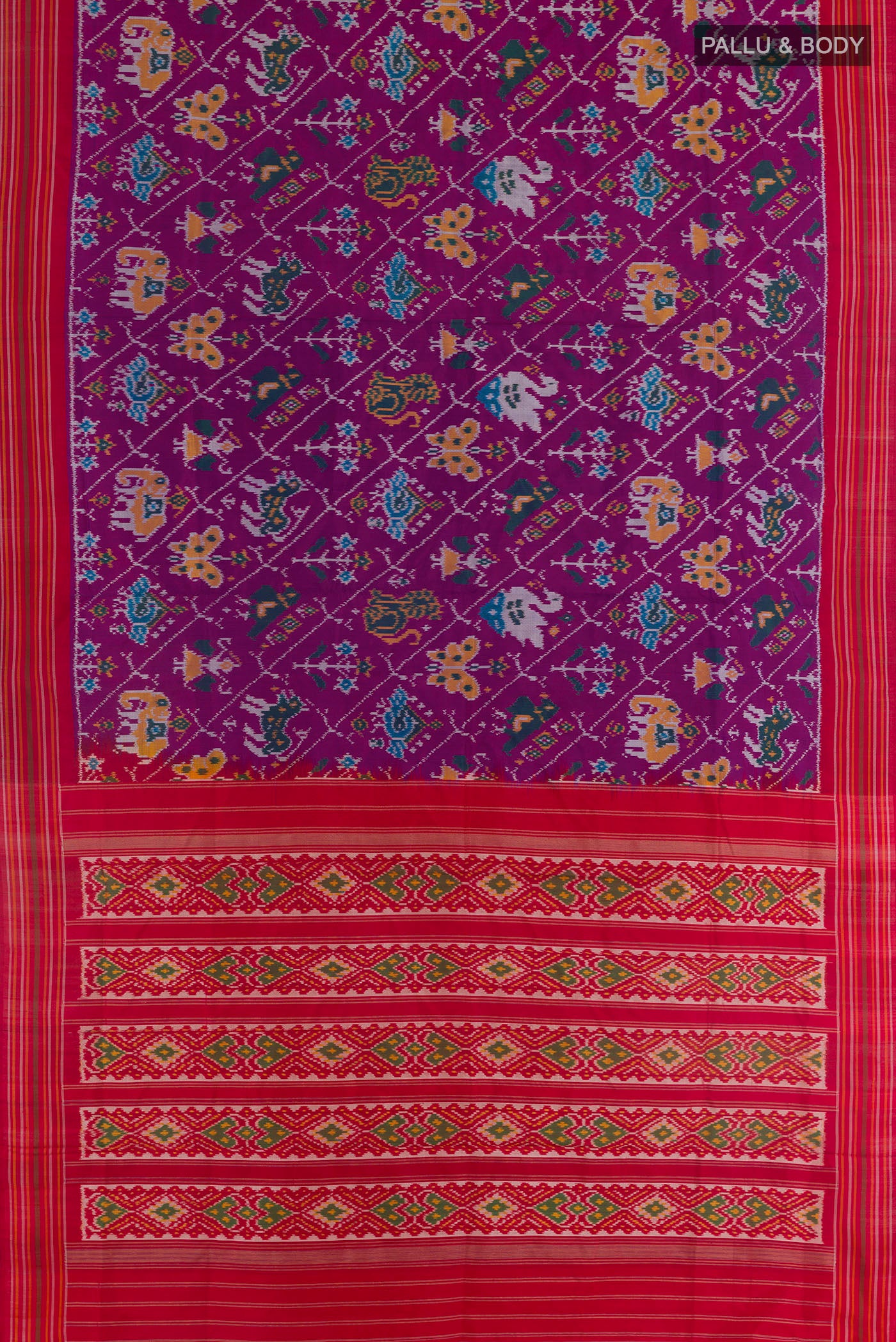 Flat view of Purple Pochampally Silk Saree with Pure Ikat on the body and Plain Border. 
