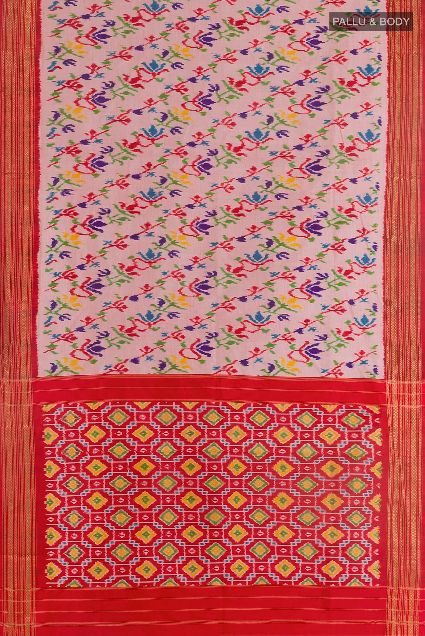 Flat view of Rose pink Pochampally Silk Saree with Pure Ikat on the body and Zari Border. 