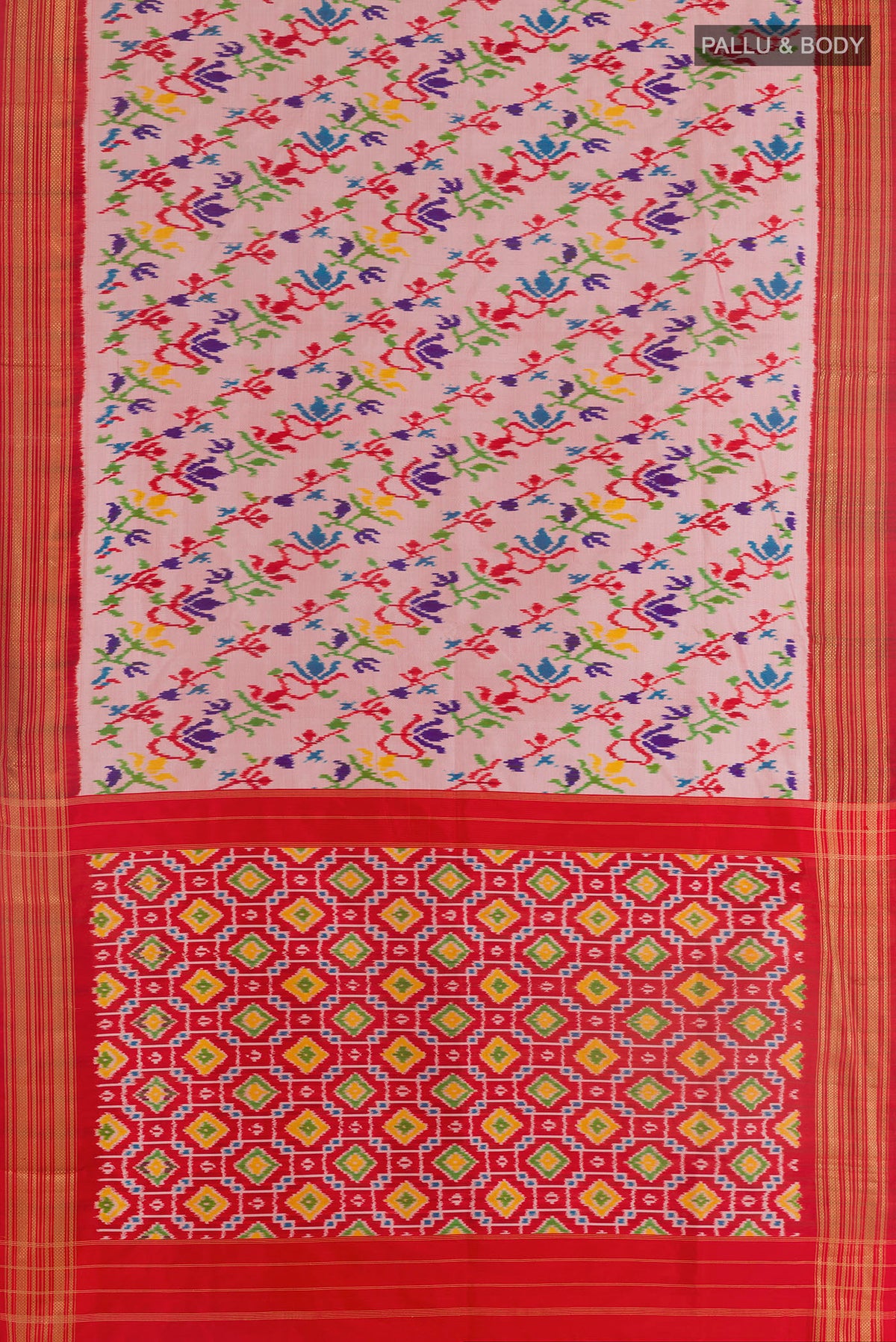 Flat view of Rose pink Pochampally Silk Saree with Pure Ikat on the body and Zari Border. 