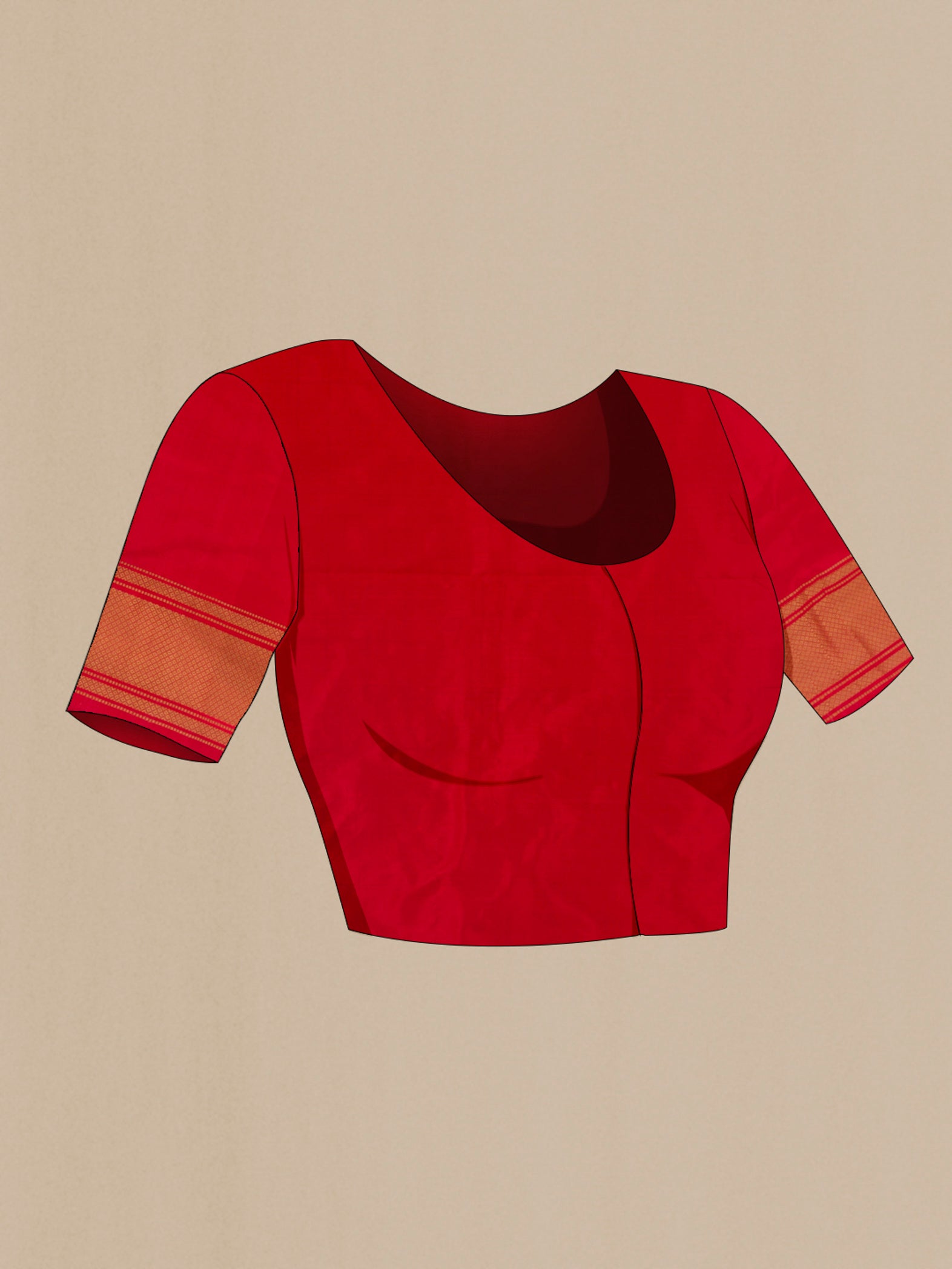 Close up image of the blouse of Red Pochampally Silk Saree with Pure Ikat on the body and Zari Border. 