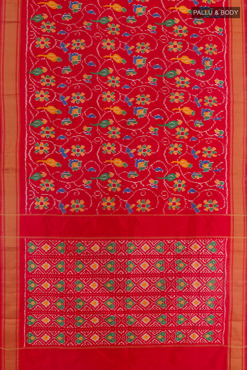Flat view of Red Pochampally Silk Saree with Pure Ikat on the body and Zari Border. 