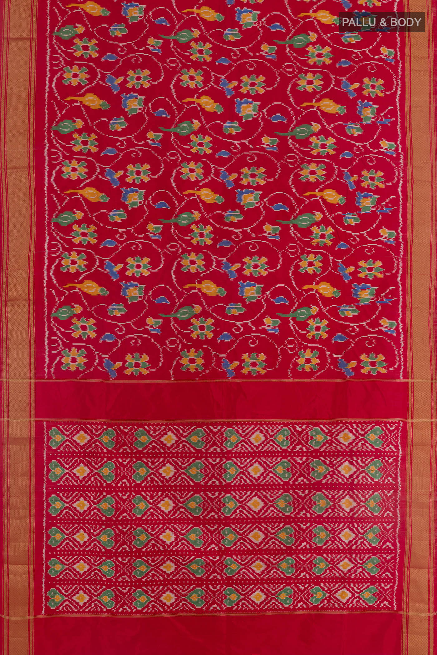 Flat view of Red Pochampally Silk Saree with Pure Ikat on the body and Zari Border. 
