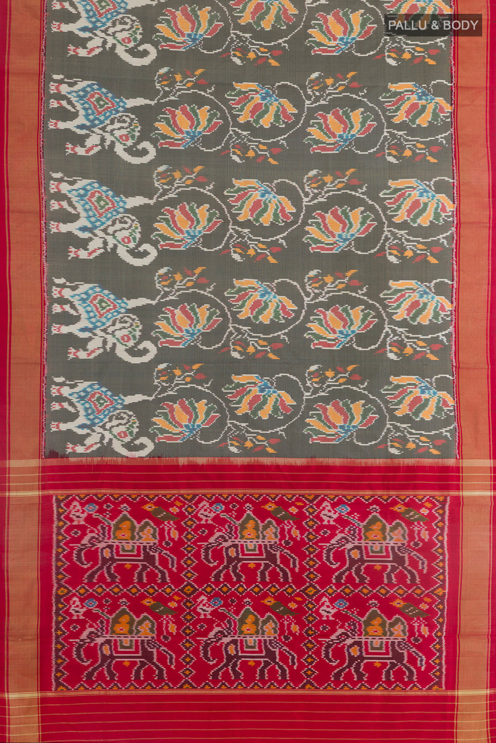 Flat view of Grey Pochampally Silk Saree with Pure Ikat on the body and Zari Border. 