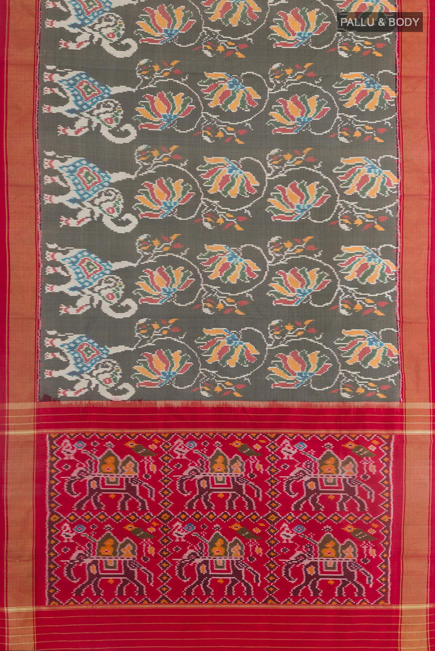 Flat view of Grey Pochampally Silk Saree with Pure Ikat on the body and Zari Border. 