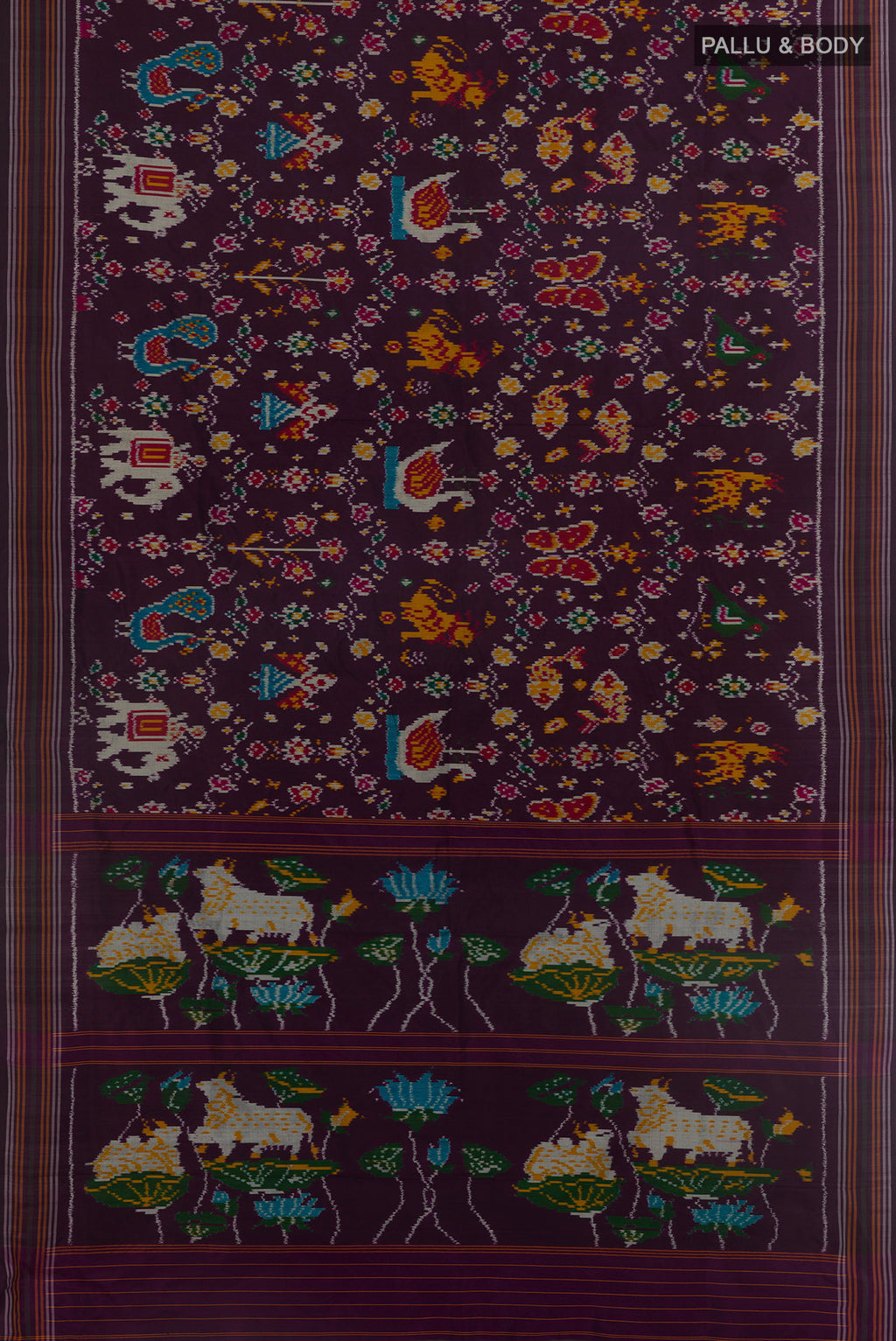Flat view of Purple Pochampally Silk Saree with Ikat design on the body and Plain Border. 