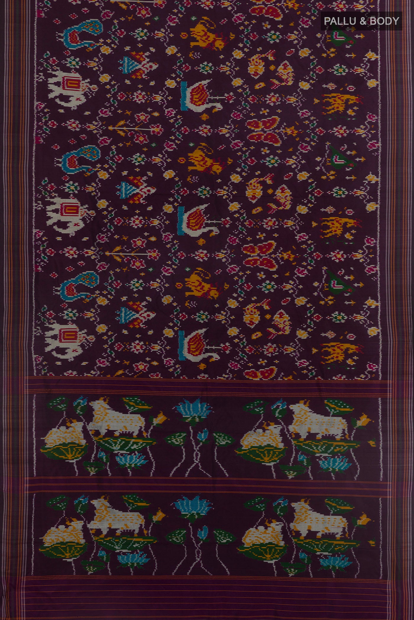 Flat view of Purple Pochampally Silk Saree with Ikat design on the body and Plain Border. 