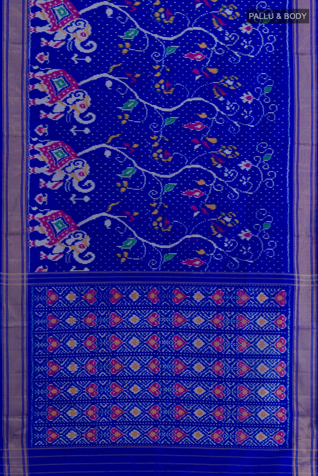 Flat view of Royal Blue Pochampally Silk Saree with Ikat design on the body and Zari Border. 