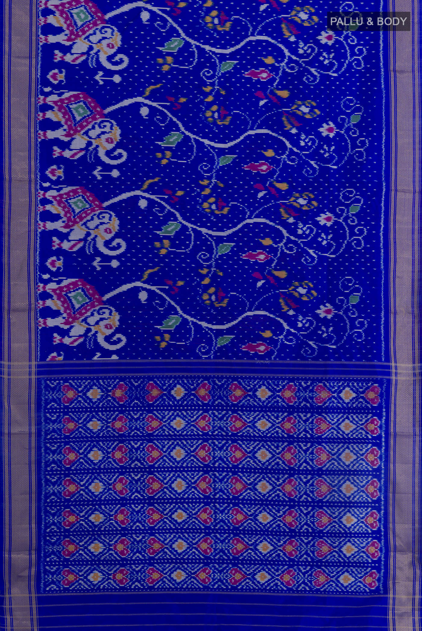 Flat view of Royal Blue Pochampally Silk Saree with Ikat design on the body and Zari Border. 