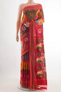 Multi Color Pochampally Silk Saree with Pure Ikat on the body and Plain Border.  displayed on a mannequin