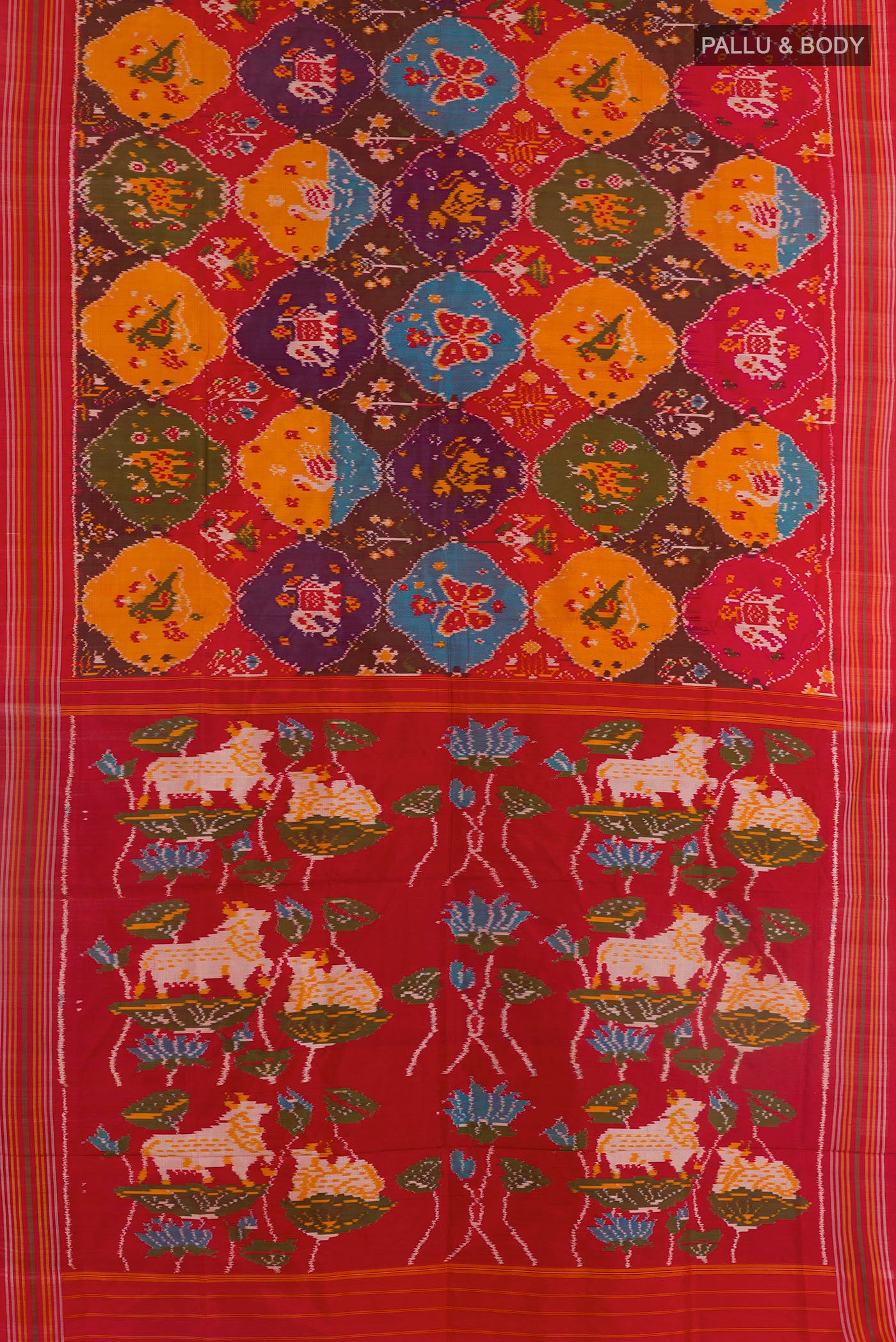 Flat view of Multi Color Pochampally Silk Saree with Pure Ikat on the body and Plain Border. 
