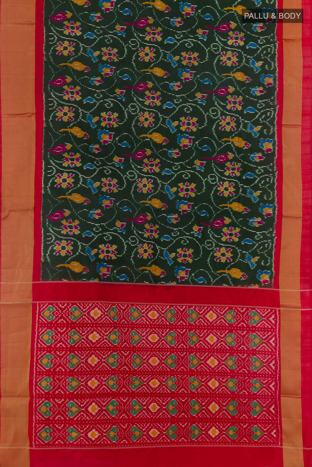Flat view of Bottle Green Pochampally Silk Saree with Pure Ikat on the body and Zari Border. 