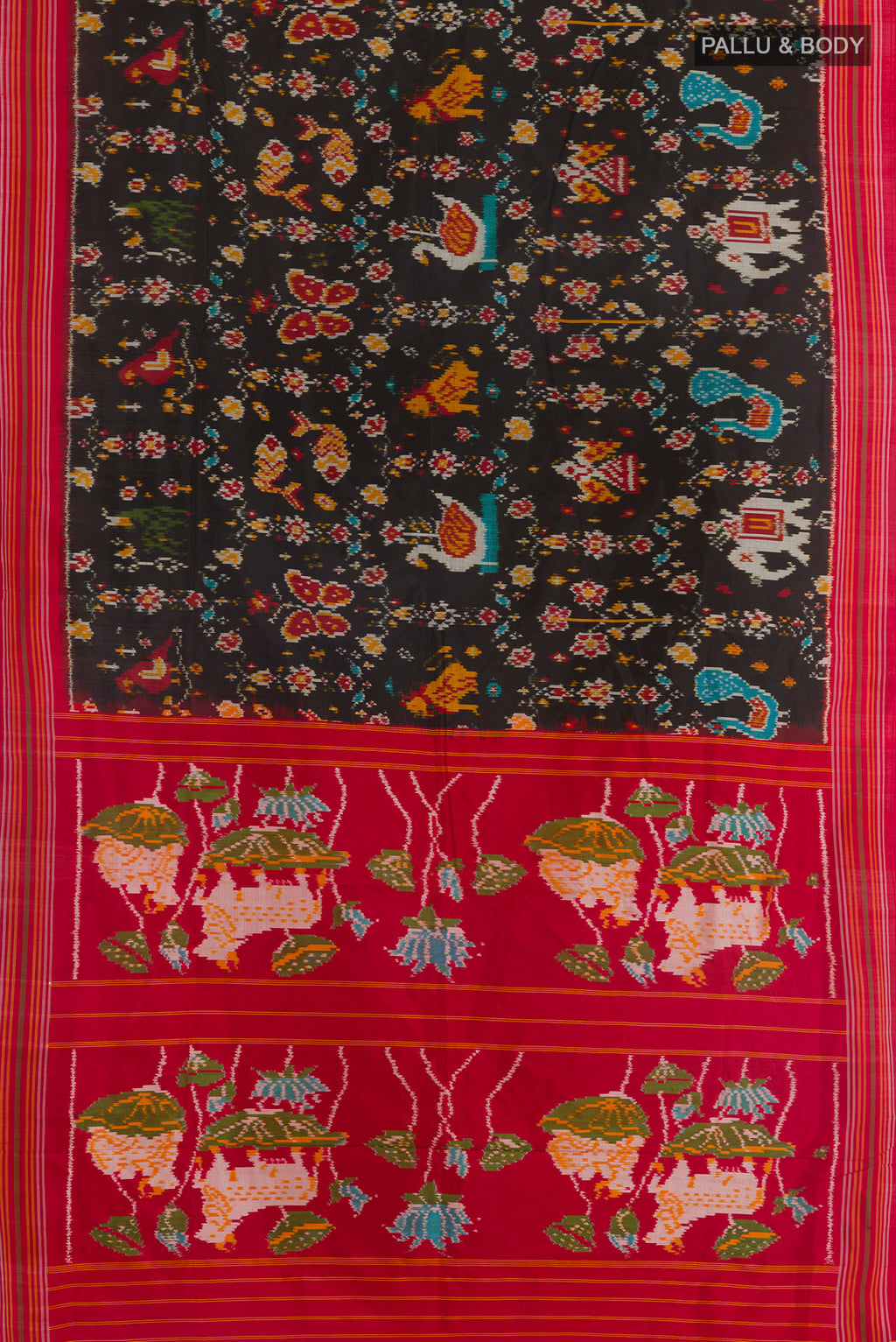 Flat view of Black Pochampally Silk Saree with Pure Ikat on the body and Ikat Border. 