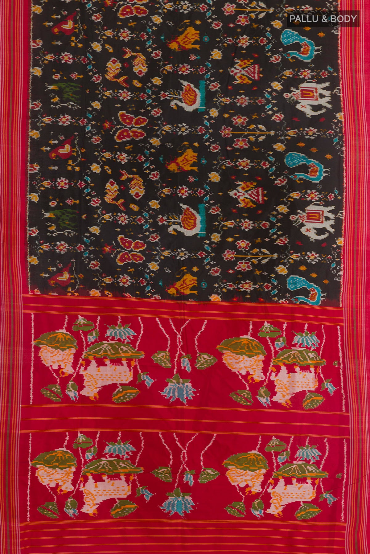 Flat view of Black Pochampally Silk Saree with Pure Ikat on the body and Ikat Border. 