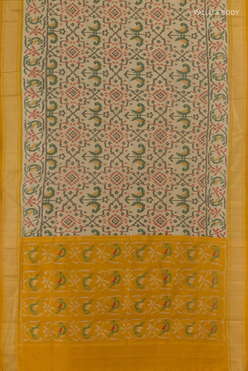 Flat view of Beige Pochampally Silk Saree with Pure Ikat on the body and Zari Border. 