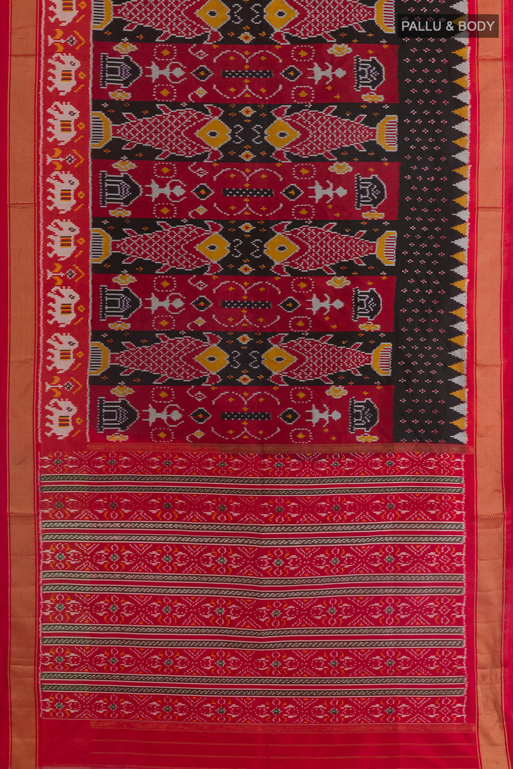 Flat view of Black Pochampally Silk Saree with Pure Ikat on the body and Zari Border. 