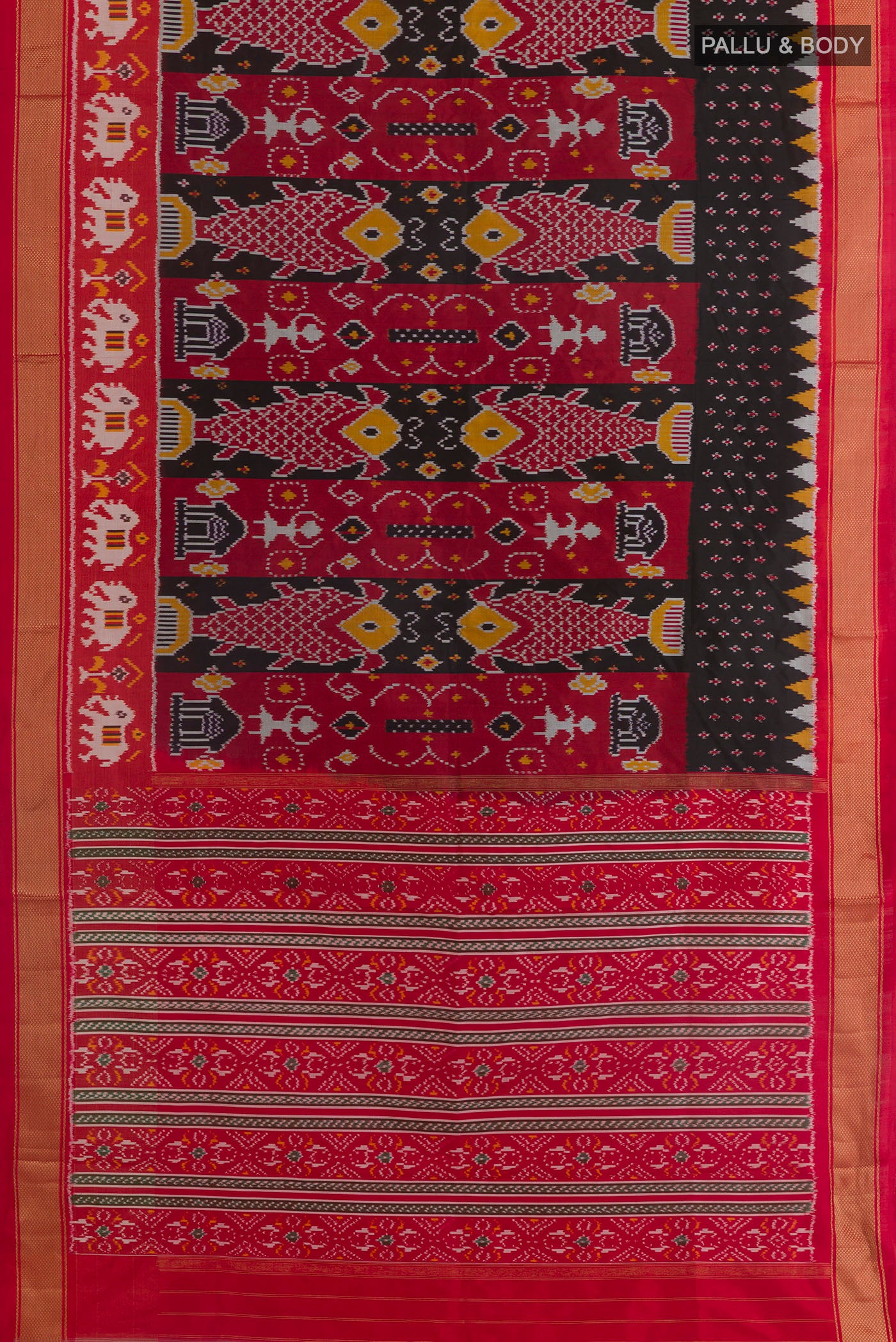 Flat view of Black Pochampally Silk Saree with Pure Ikat on the body and Zari Border. 