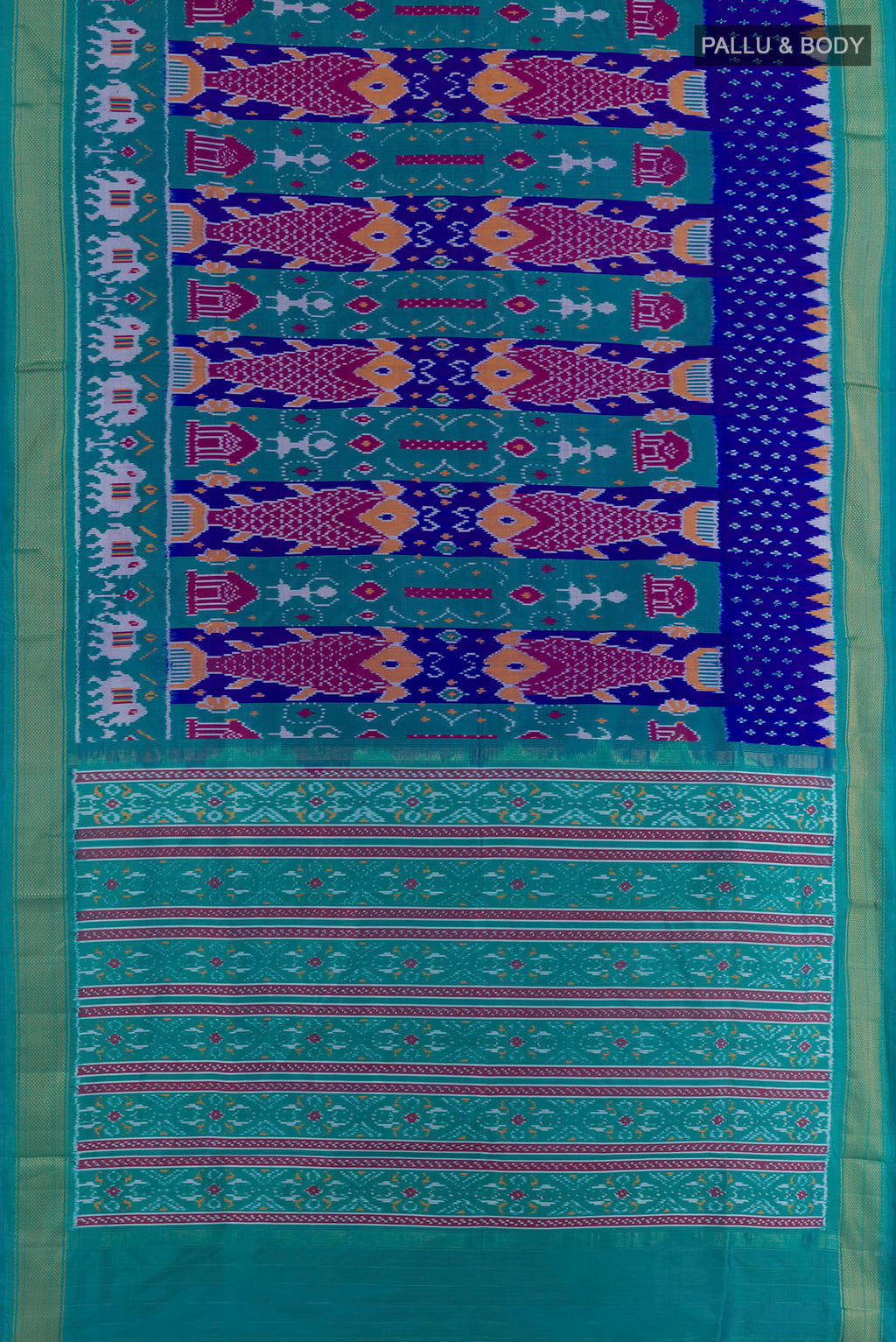 Flat view of Royal Blue Pochampally Silk Saree with Pure Ikat on the body and Ikat Border. 