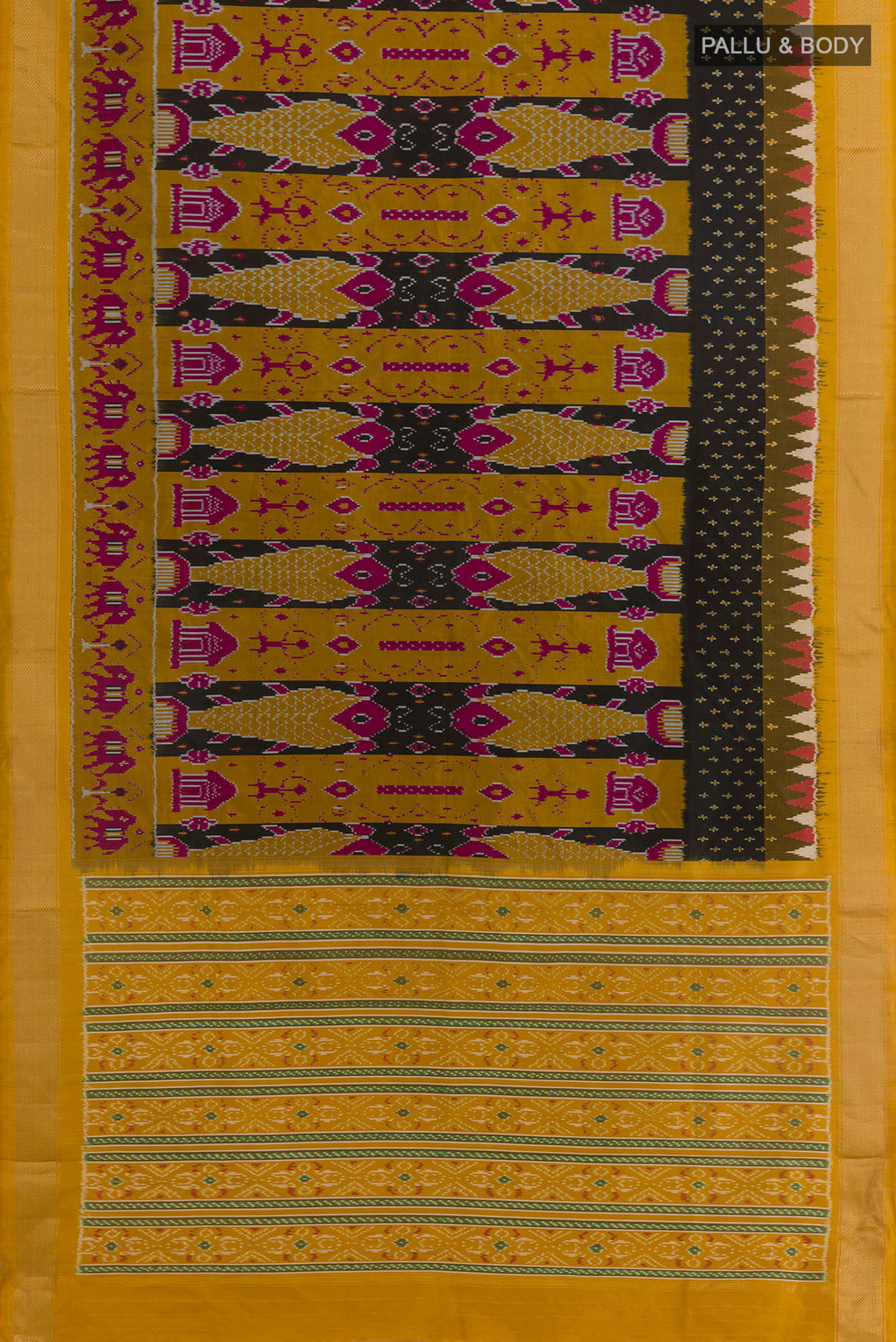 Flat view of Black Pochampally Silk Saree with Ikat design on the body and Zari Border. 